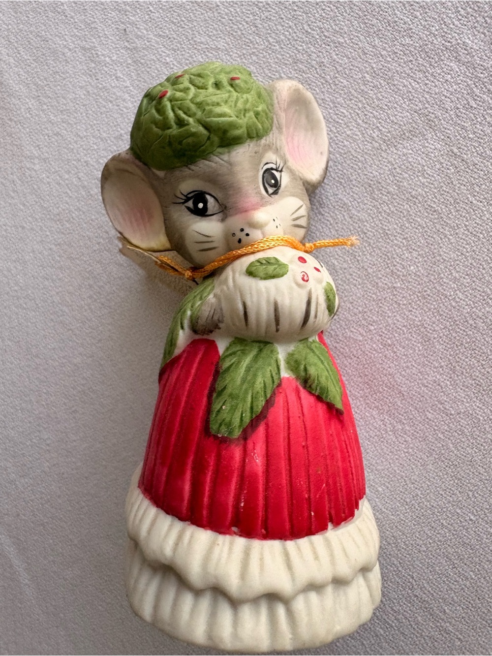 Vintage Hand-Painted Red Green Mouse Figurine Holiday Christmas Bell JASCO NWT